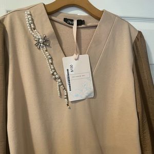 Baige/Brown knee length dress with pearls